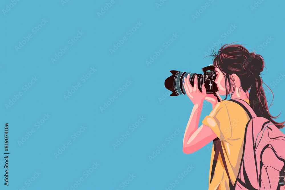 Poster a woman capturing a moment with a camera. suitable for photography and technology concepts