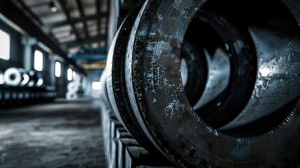 Detailed close up of a tire inside a building. Ideal for automotive industry use