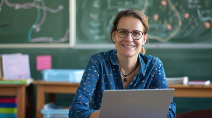 A cheerful woman educator, using a laptop, seated at a desk facing a blackboard.