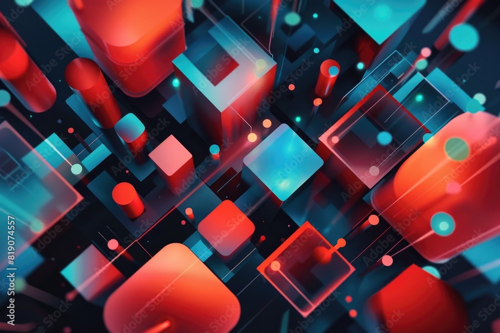 Poster A collection of red and blue cubes floating in the air. Suitable for technology or abstract concepts
