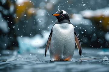 Gentoo penguin stands in the water in the snow in Antarctica