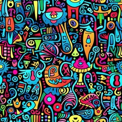 imaginative and abstract doodles seamless pattern with blue background