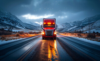 Red semi truck driving on mountain highway with headlights on in the dark