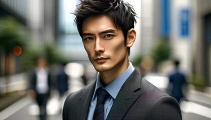 Obraz premium Detailed portrait of a young Japanese businessman in a suit