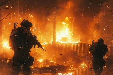 two soldiers shooting at human sized, synthwave style aliens, burnt out city, burning buildings, intense battle, smokey atmosphere, hyperrealistic, 32k, UHD