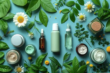 Beauty background with natural cosmetic, green leaves and flowers Flat lay image on blue - Powered by Adobe
