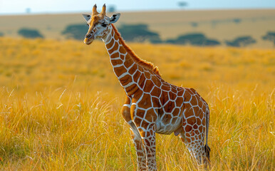 Giraffe standing in the middle of the field with tall grass during the day
