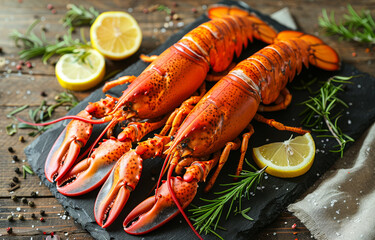 Two delicious lobsters with lemons and rosemary on stone plate