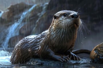 A wet otter sitting on a rock in the water. Suitable for nature and wildlife themes