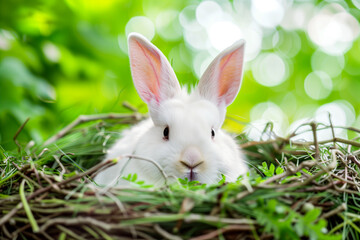 A white rabbit sitting in a nest with grass