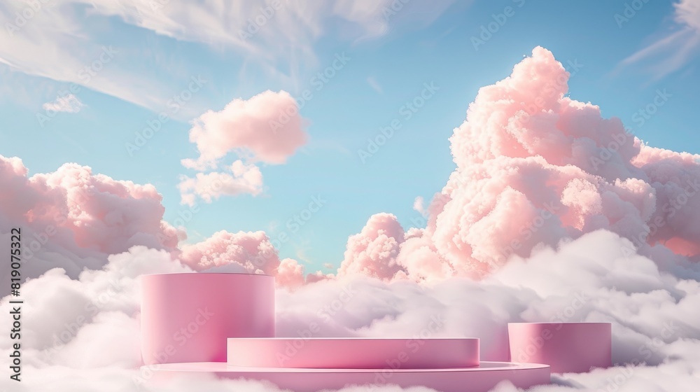 Poster A pink platform floating in a sky filled with clouds. Suitable for various concepts and designs
