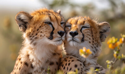 Two cheetah cubs laying together in the grass with their eyes closed