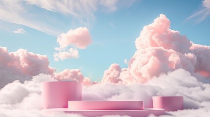 A pink platform floating in a sky filled with clouds. Suitable for various concepts and designs