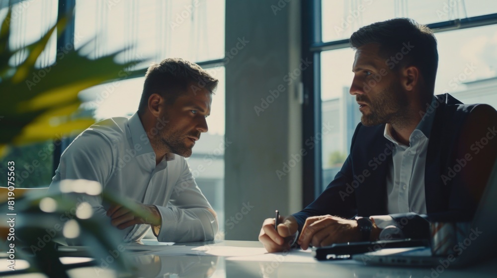 Poster Two men collaborating on a project, suitable for business concepts