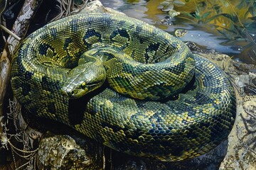 Obraz premium A large green snake sitting on top of a rock. Suitable for nature and wildlife themes
