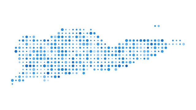 Saint Croix dotted digital map. Map of Saint Croix with pulsating colored circles. Shape of the island filled with blue disks. Modern video.