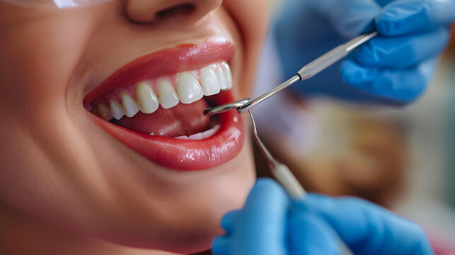 Photo realistic concept showing patient during dental check up, highlighting oral health importance and regular dental care with dentist examining teeth