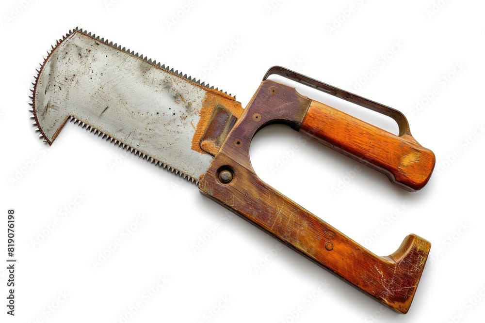 Poster a rusty saw laying on a white background. suitable for construction or diy projects