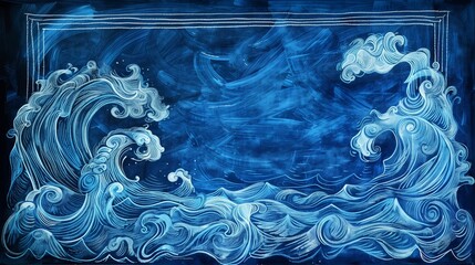 Indigo Ocean Waves Chalk Drawing, Discussing Marine Biology on a School Blackboard