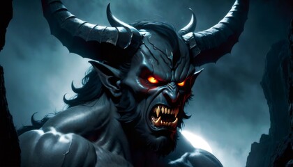 A powerful demon growls under a moonlit sky, its fearsome features illuminated by a cold, blue light, ready to strike terror.. AI Generation