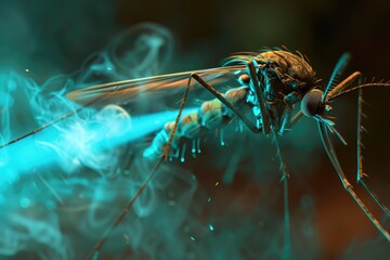 A mosquito with blue smoke coming out of its mouth. Suitable for health and environment concepts