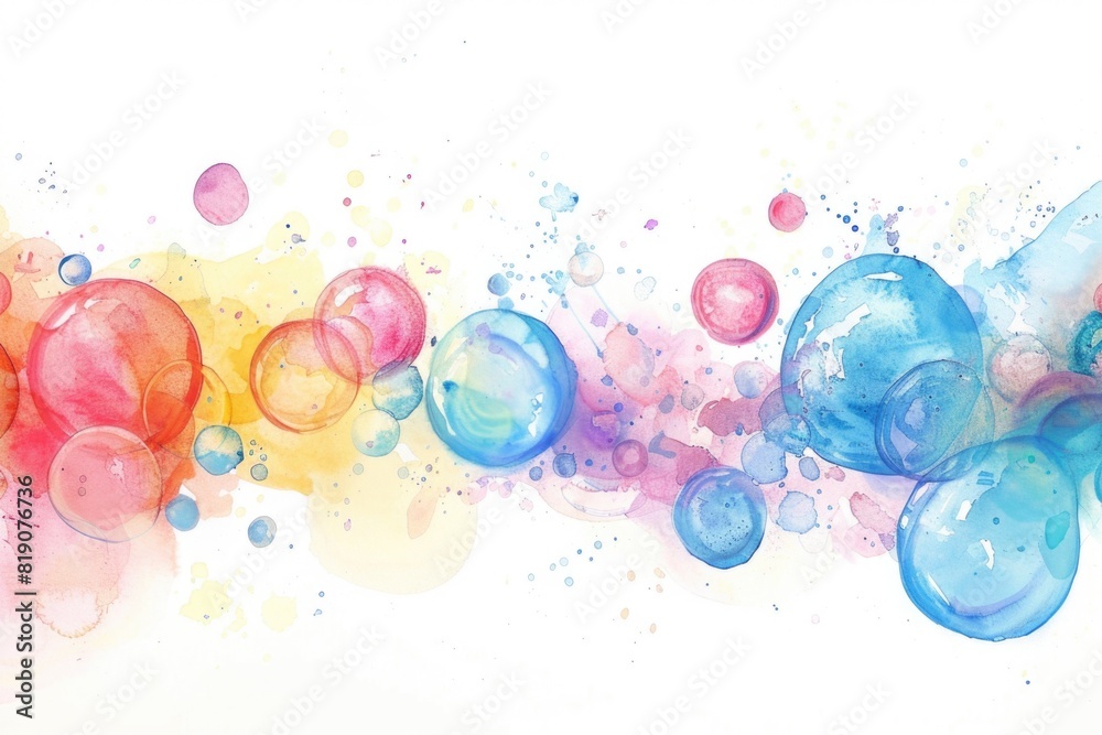 Poster Vibrant watercolor painting of bubbles on a white background. Perfect for adding a pop of color to any design project