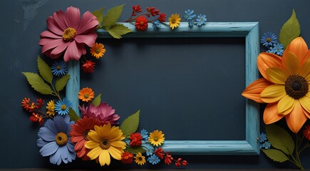 A blue frame adorned with colorful flowers and delicate leaves.