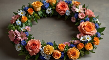 A circular wreath adorned with colorful flowers and a delicate ribbon.