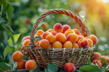 Fresh apricots in basket. A basket full of fresh apricots in the garden