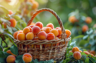 Fresh apricots in the basket. A basket full of fresh apricots in the garden