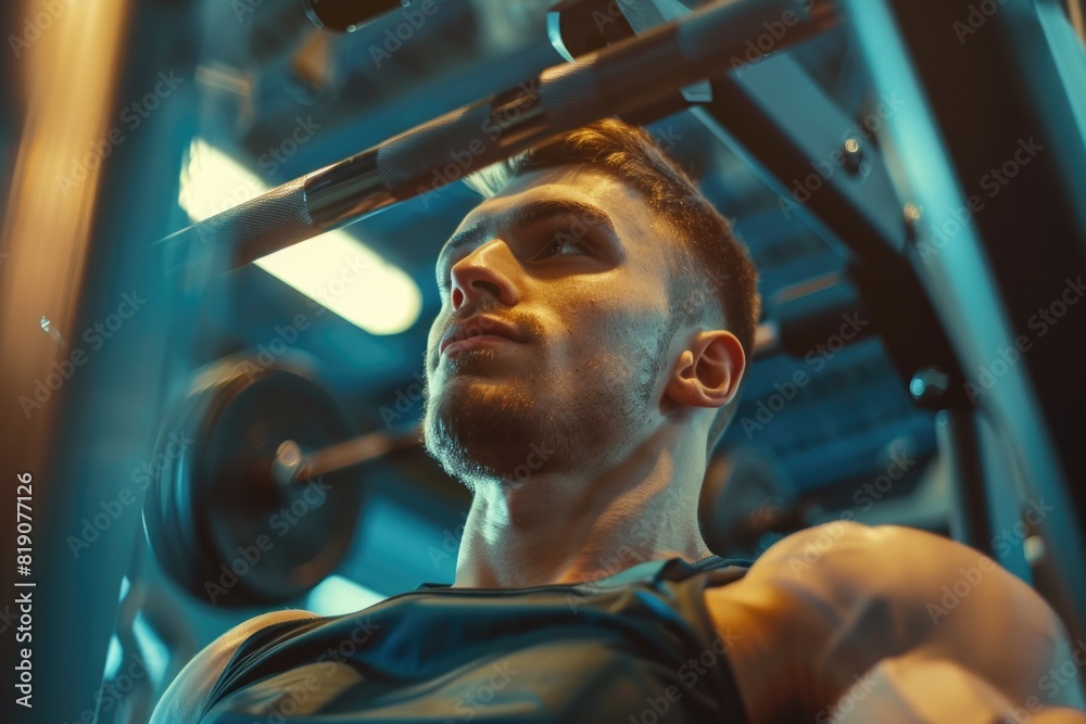 Poster A man with a beard performing a pull up exercise. Suitable for fitness and workout concepts