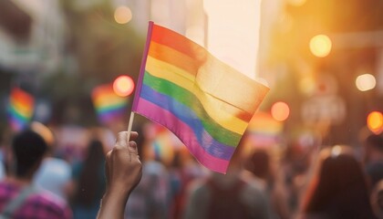 A person holding a rainbow flag in a crowd of people by AI generated image