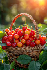 Yellow cherry in wicker basket in the garden on sunny day