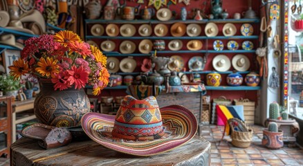 Vibrant Mexican Shop With Colorful Pottery and Hat