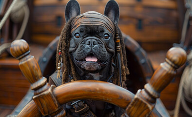 Dog pirate. French bulldog dressed in costume of pirate