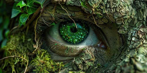 Eye of nature. Green eyes. Nature concept. Moss, ivy, grass, tree, tree trunk, vines. Folkloric mythology creature