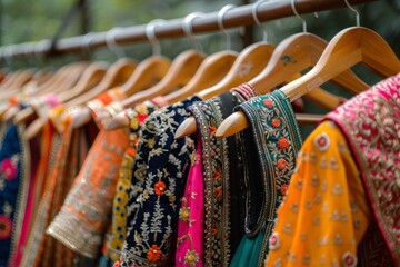 Row of Colorful Indian Sarees on Wooden Rack