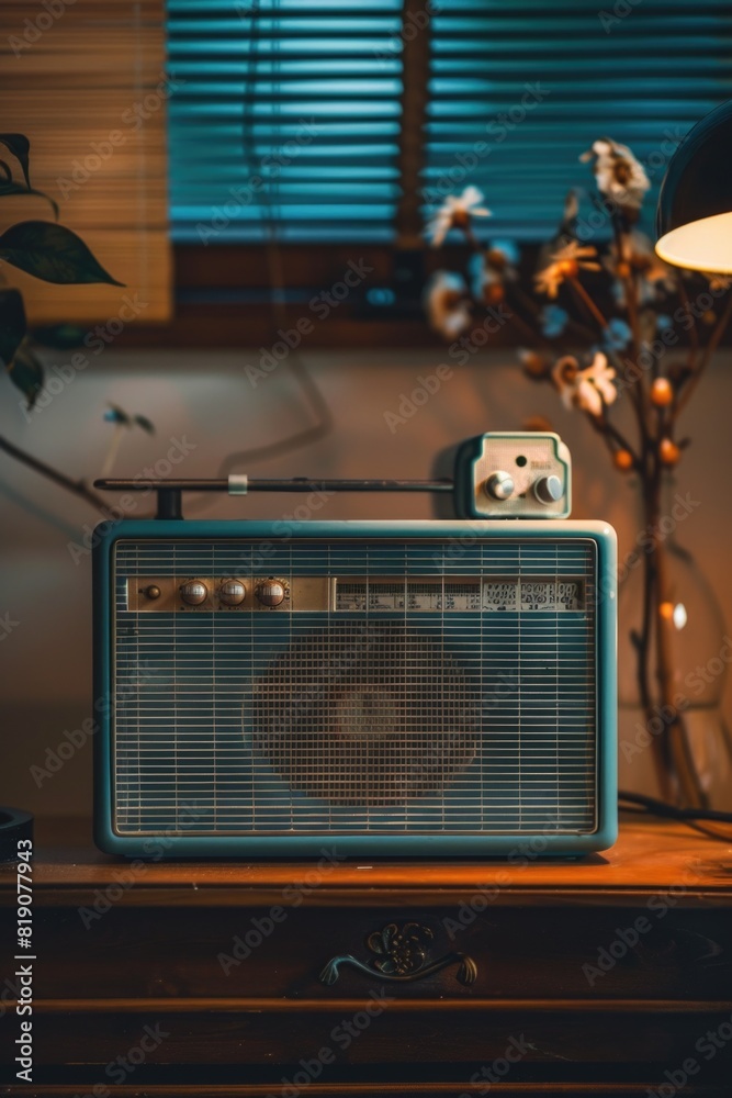 Poster a radio sitting on a rustic wooden table, suitable for various uses