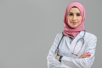 A woman wearing a pink hijab and a stethoscope. Suitable for medical and diversity concepts