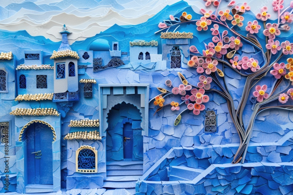 Poster Intricate paper cut of a castle and tree, ideal for craft projects