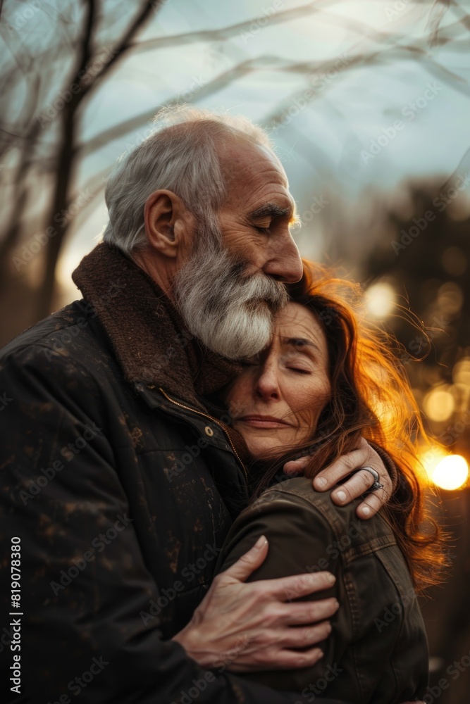 Poster a man and a woman hugging each other. suitable for relationship and love concepts