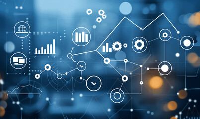 Obraz premium Illustration of a dynamic business environment, where company transformation symbols show the pursuit of higher efficiency and quick adaptation to market changes.