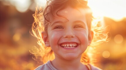 Fototapeta premium Rosy Cheeks of a Smiling Child, Captured in a Burst of Sunlight on a Cool Day