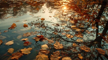 Fall season landscape, fallen leaves floating on water and autumnal sun through tree foliage - Autumn seasonal background