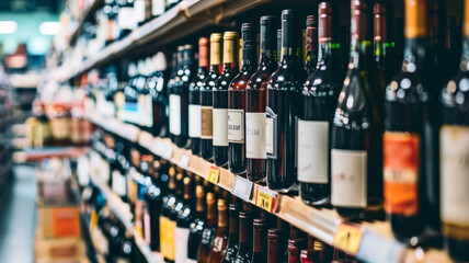 Shelf with wine bottles in a supermarket