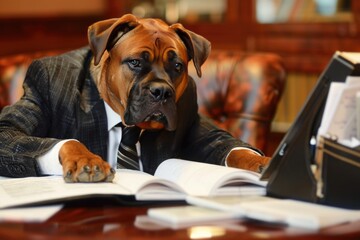 Family dog is working in office. Pet in corporate business environment. Dressed in suit and tie working with paperwork