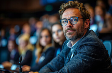 Fototapeta premium Serious businessman listening to presentation at conference
