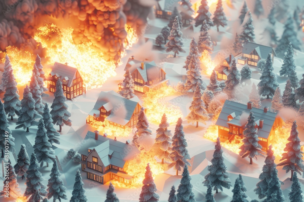 Poster a small village engulfed in flames in a snowy setting. suitable for disaster or winter themed projec