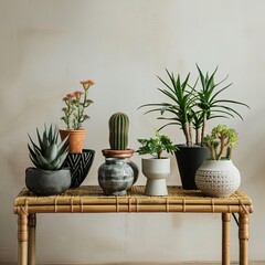 A variety of indoor plants in pots on a bamboo shelf against a neutral wall.