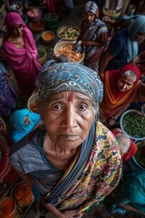 Obraz premium A woman with a blue scarf on her head stands in front of a group of people